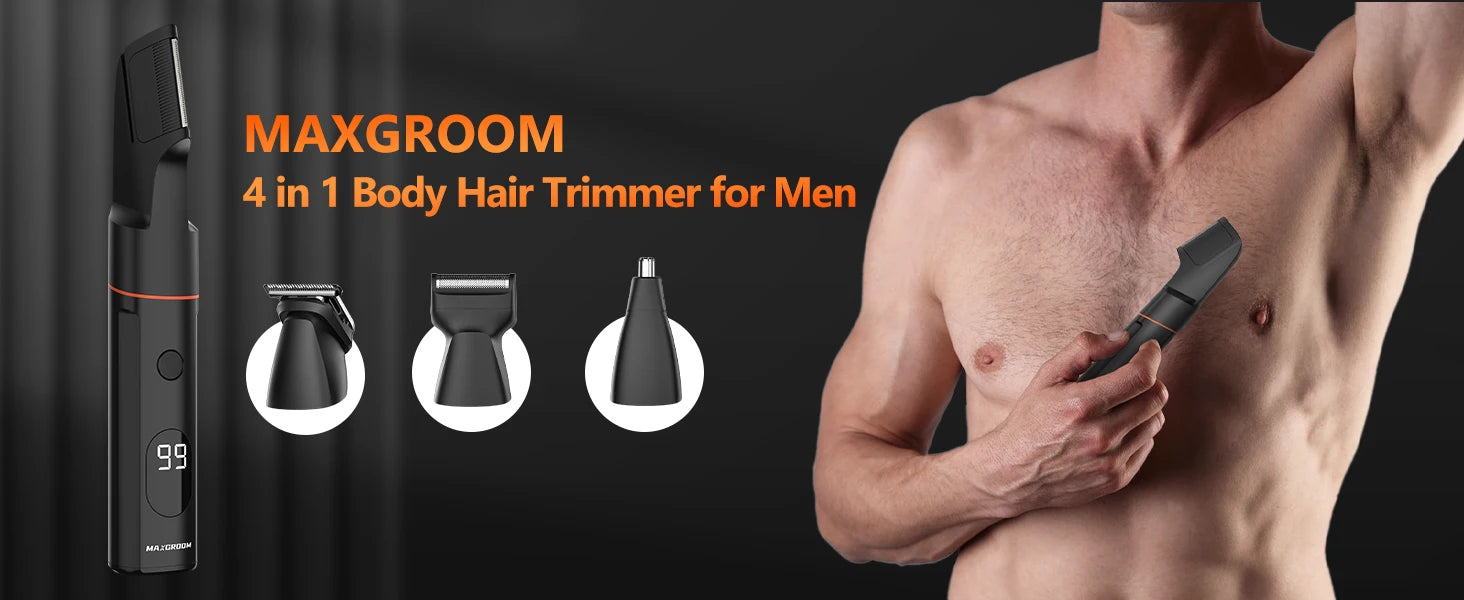 MAXGROOM 4 in 1 Body Hair Trimmer Kit for Men Pubic Hair Shaver Nose Beard Trimmer Electric IPX6 Waterproof Groin Shaver for Man