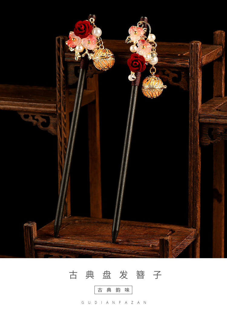 Floral Hairpin Lantern Luminous Chinese Hair Sticks For Hanfu Party Sandalwood Pearl Hair Bun Forks Vintage Hair Clasp Jewelry