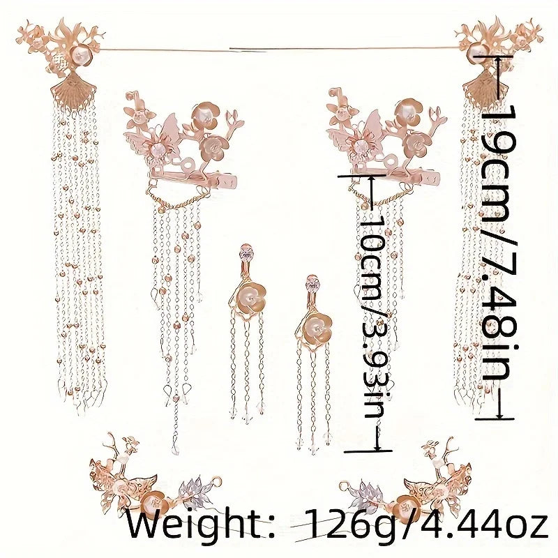 Pearl Flower Leaf Hair Clip Hairpin Headband Earring Set Party Hanfu Wedding Hair Accessories Jewelry Clip Pin Band