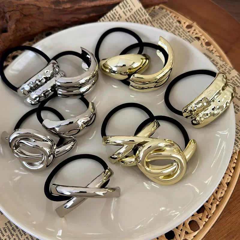 3PCS Hair Ties Irregular Geometric Charms Elastic Rubber Band Gold Silver Metal Hair Cuff Rope for Women Girls Hair Accessories