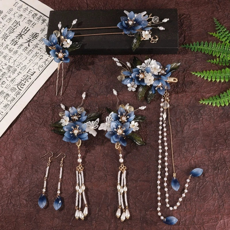Chinese Wedding Hair Jewelry Sets Blue Flower Fringe Hairpin Clips Pearl U-shaped Step Shake Retro Han Costume Hair Accessories