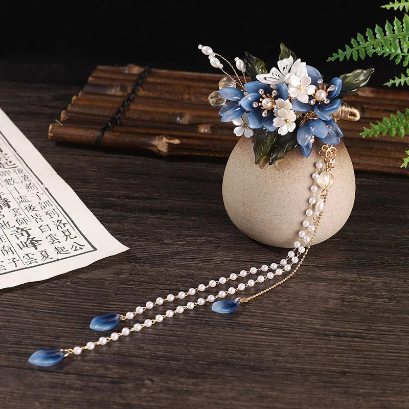 Chinese Wedding Hair Jewelry Sets Blue Flower Fringe Hairpin Clips Pearl U-shaped Step Shake Retro Han Costume Hair Accessories