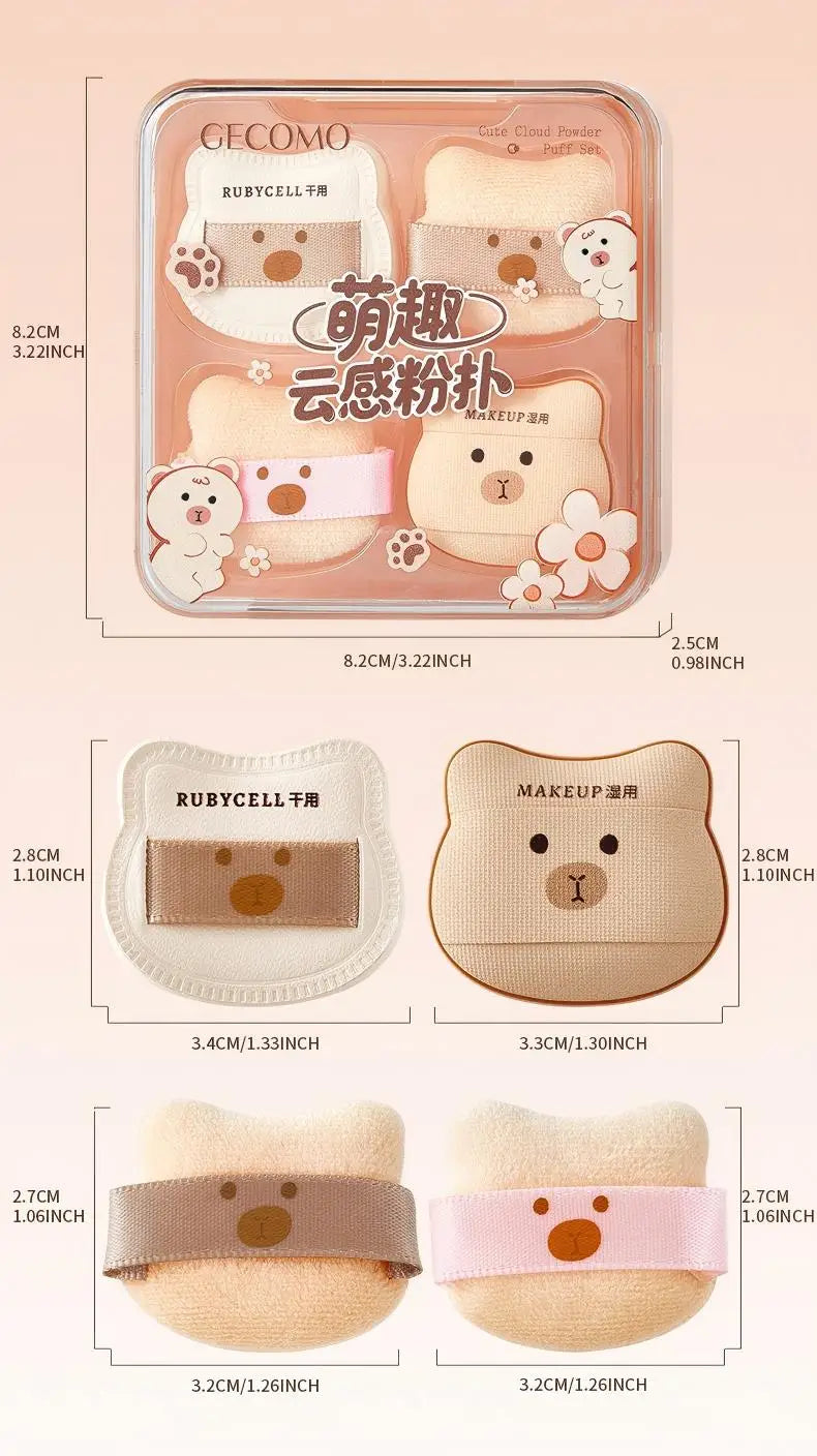 5PCS  Cute Bear Powder Puff Set Soft Flocking Wet & Dry Use Sponge Mini Fingertip Puff for Makeup Application