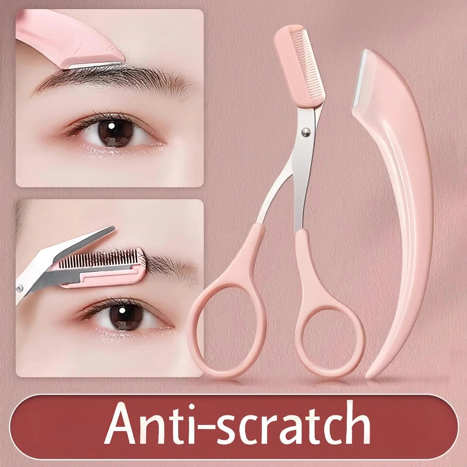 Pink eyebrow trimming scissors with built-in comb - stainless steel, precise grooming tool, creating perfect eyebrows