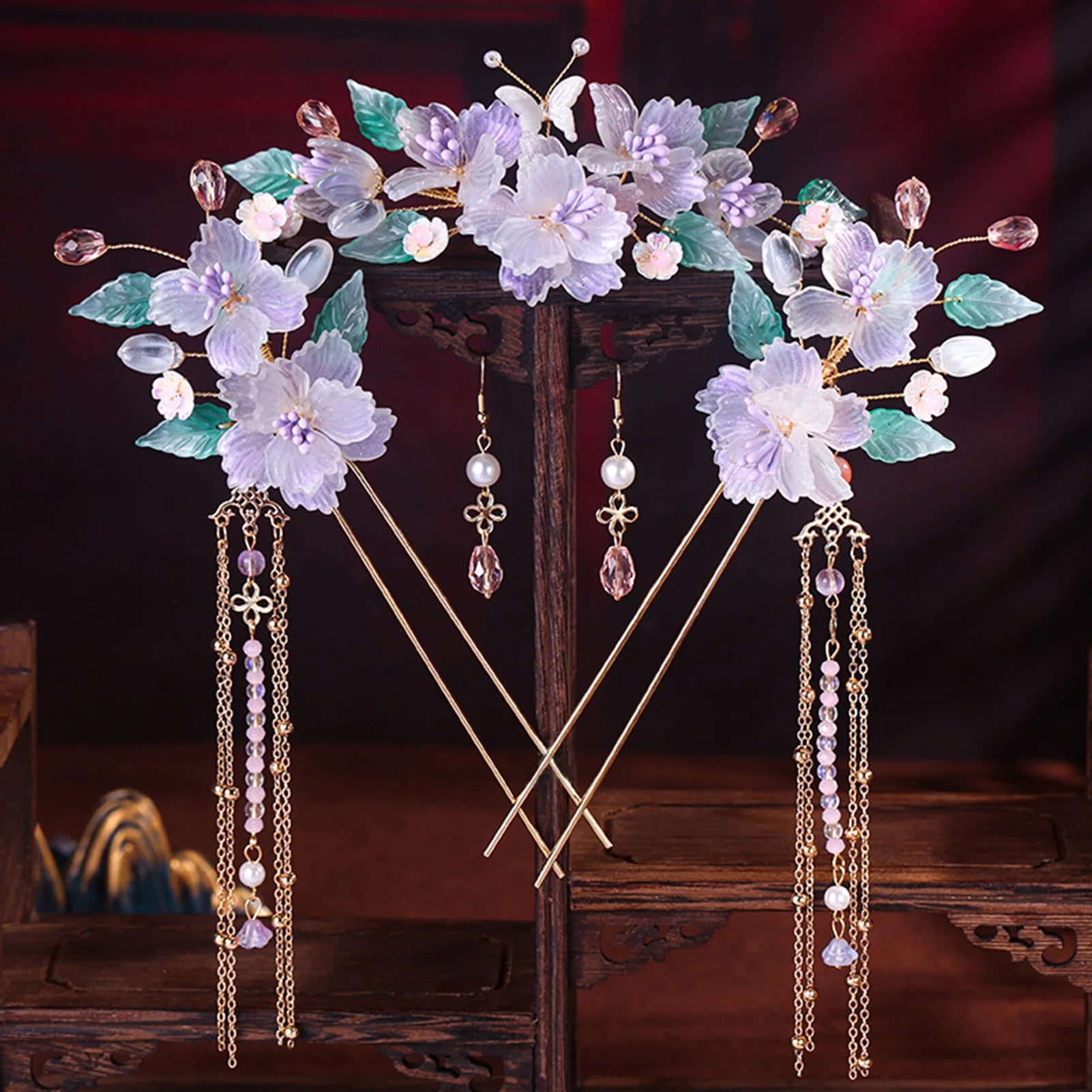Chinese Flower Hairpin Long Tassel Step Shake Vintage Pearl Hair Clips Ancient Wedding Hair Accessories Retro Hanfu Jewelry Sets