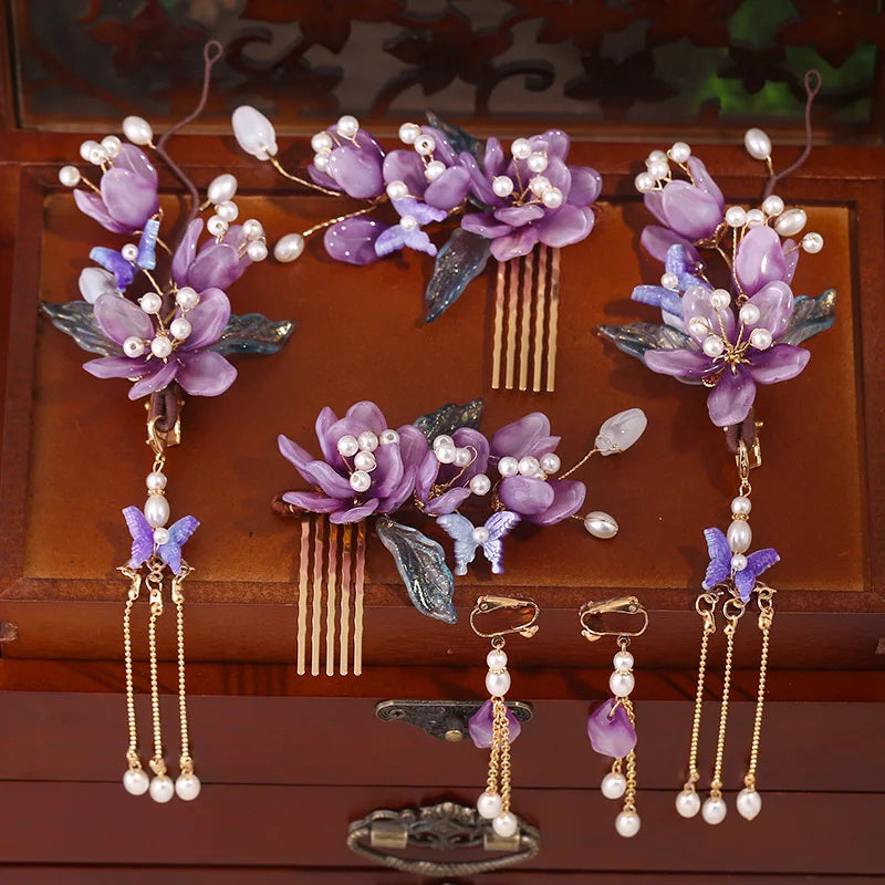 Chinese Flower Hairpin Long Tassel Step Shake Vintage Pearl Hair Clips Ancient Wedding Hair Accessories Retro Hanfu Jewelry Sets