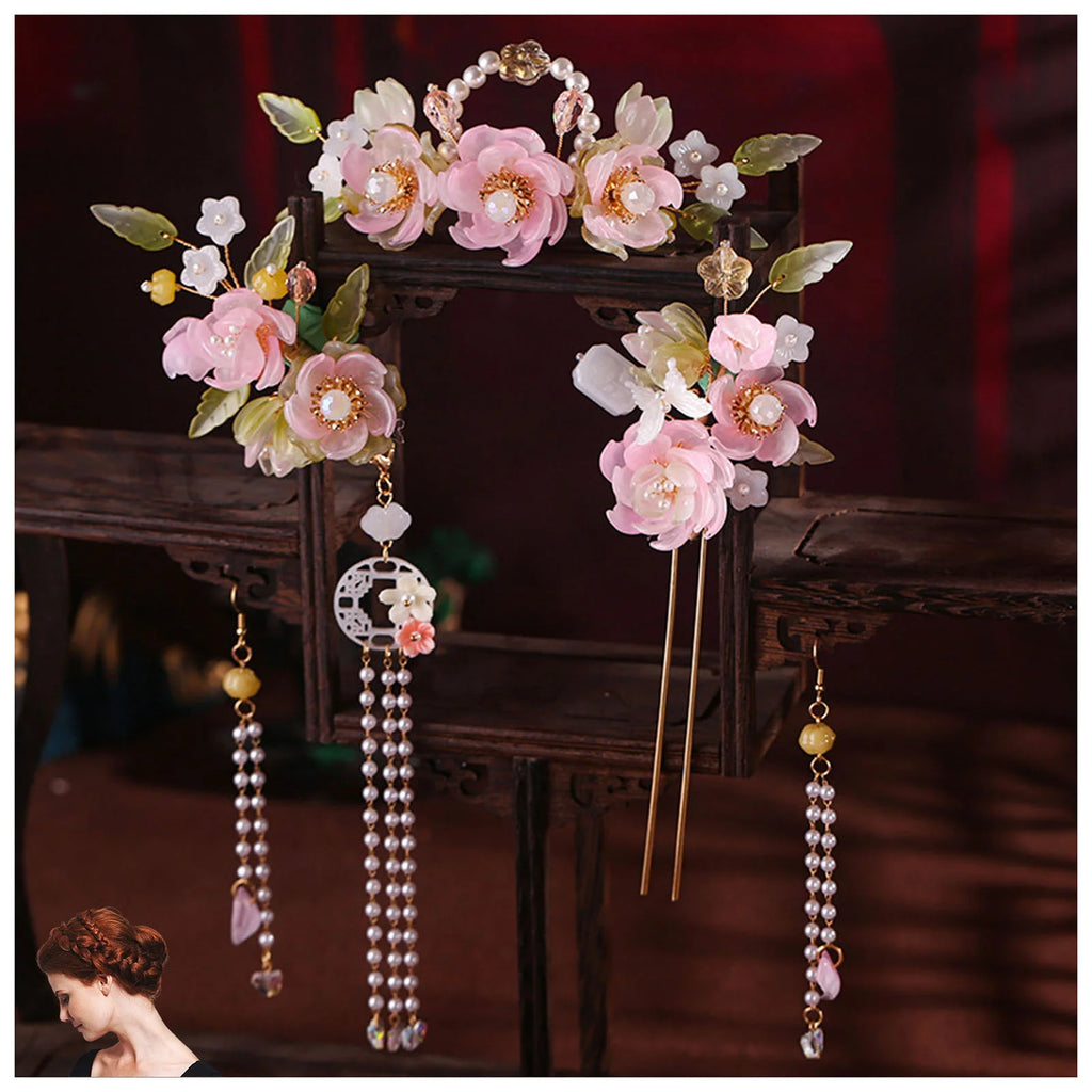 Chinese Flower Hairpin Long Tassel Step Shake Vintage Pearl Hair Clips Ancient Wedding Hair Accessories Retro Hanfu Jewelry Sets