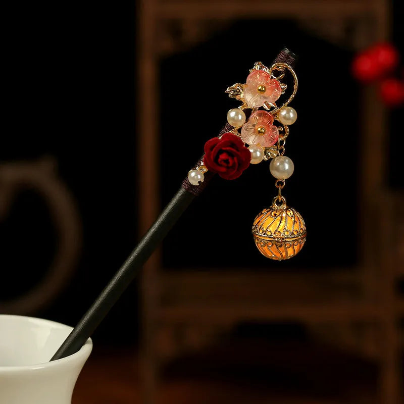 Floral Hairpin Lantern Luminous Chinese Hair Sticks For Hanfu Party Sandalwood Pearl Hair Bun Forks Vintage Hair Clasp Jewelry