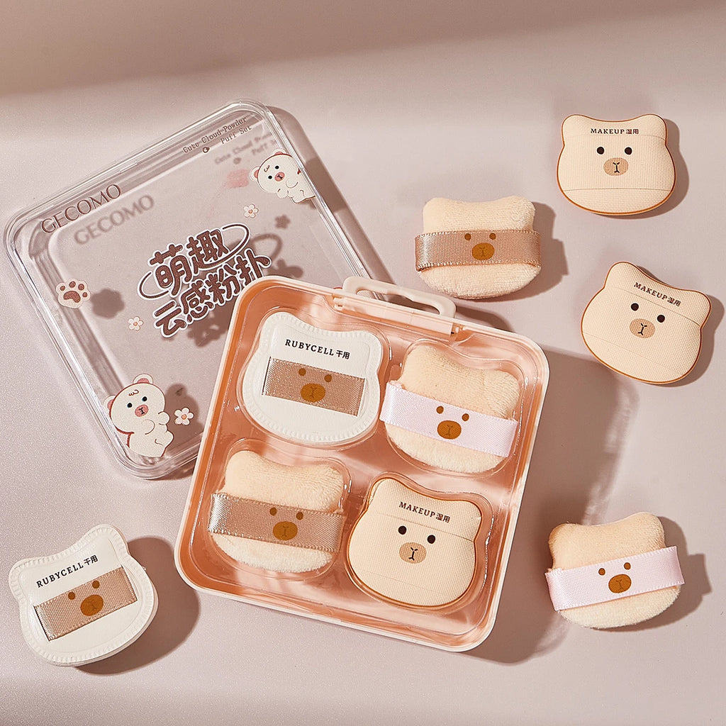 5PCS  Cute Bear Powder Puff Set Soft Flocking Wet & Dry Use Sponge Mini Fingertip Puff for Makeup Application