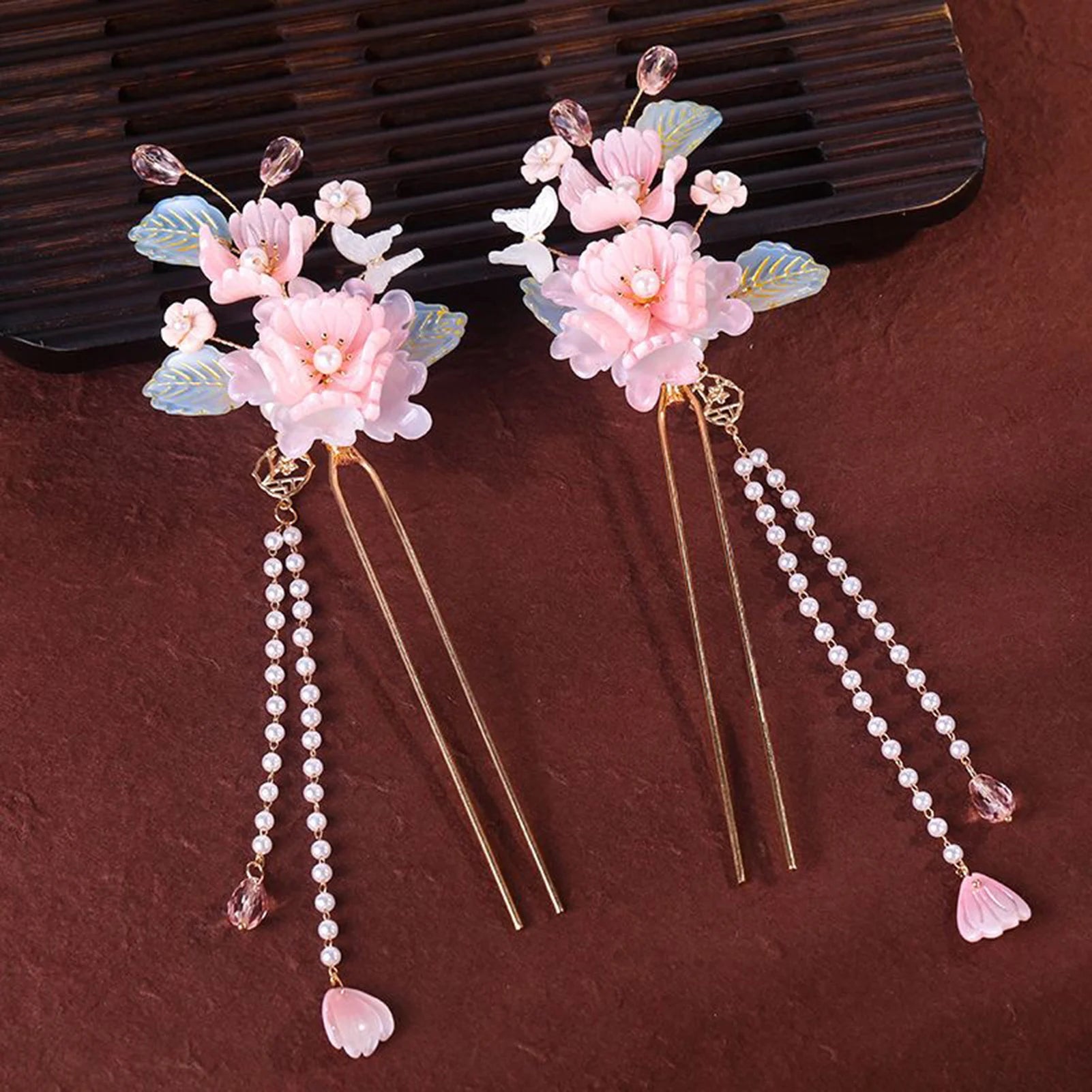 Chinese Hanfu Pink Flower Hair Crown Hairpin Earrings with Long Tassel Retro Headwear Ancient Style Hair Accessories Gifts