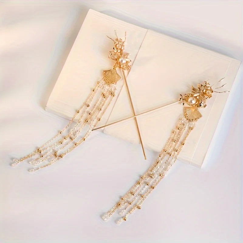 Pearl Flower Leaf Hair Clip Hairpin Headband Earring Set Party Hanfu Wedding Hair Accessories Jewelry Clip Pin Band