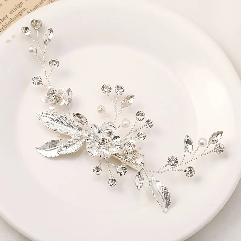 Trendy Gold Silver Color Flower Leaf Crystal Hairpin Headband Tiara Bridal Wedding Hair Accessories Headpiece Jewelry Ornaments