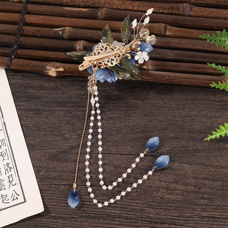 Chinese Wedding Hair Jewelry Sets Blue Flower Fringe Hairpin Clips Pearl U-shaped Step Shake Retro Han Costume Hair Accessories