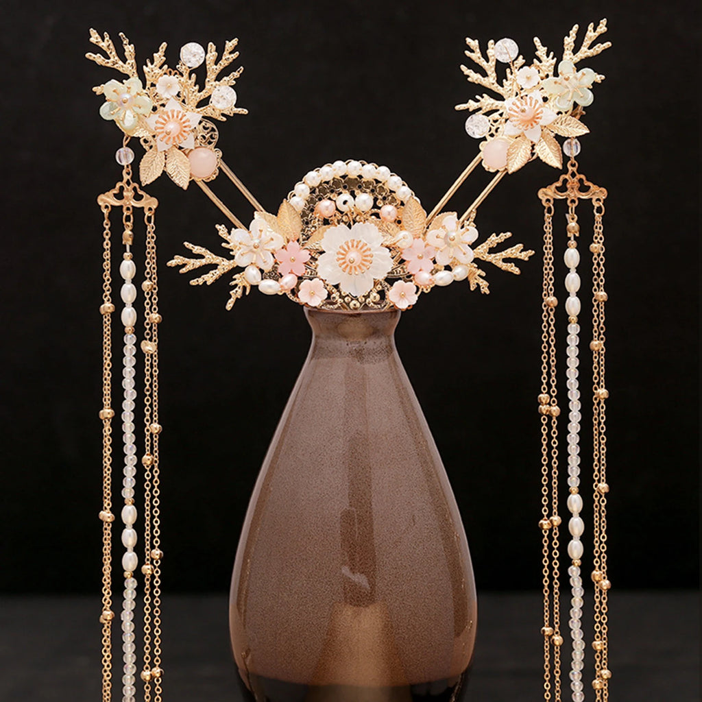 Chinese Flower Hairpin Long Tassel Step Shake Vintage Pearl Hair Clips Ancient Wedding Hair Accessories Retro Hanfu Jewelry Sets