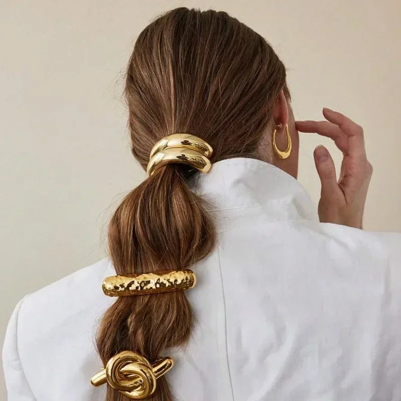 3PCS Hair Ties Irregular Geometric Charms Elastic Rubber Band Gold Silver Metal Hair Cuff Rope for Women Girls Hair Accessories