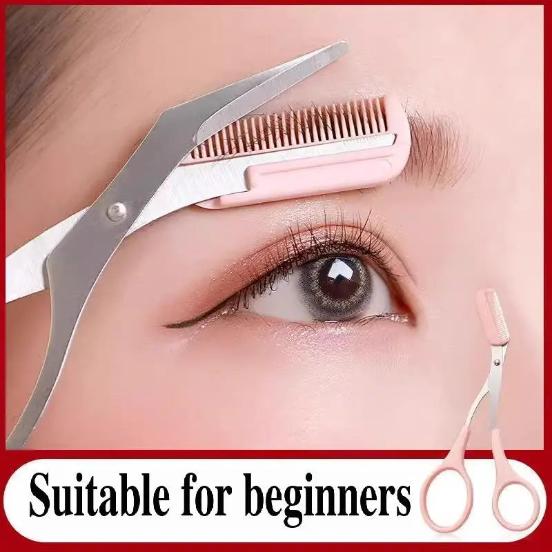 Pink eyebrow trimming scissors with built-in comb - stainless steel, precise grooming tool, creating perfect eyebrows