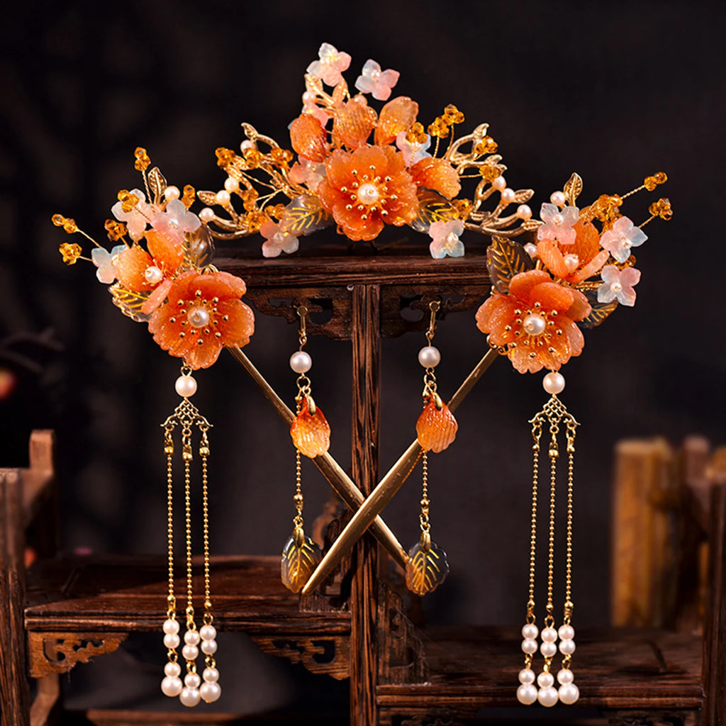 Chinese Flower Hairpin Long Tassel Step Shake Vintage Pearl Hair Clips Ancient Wedding Hair Accessories Retro Hanfu Jewelry Sets