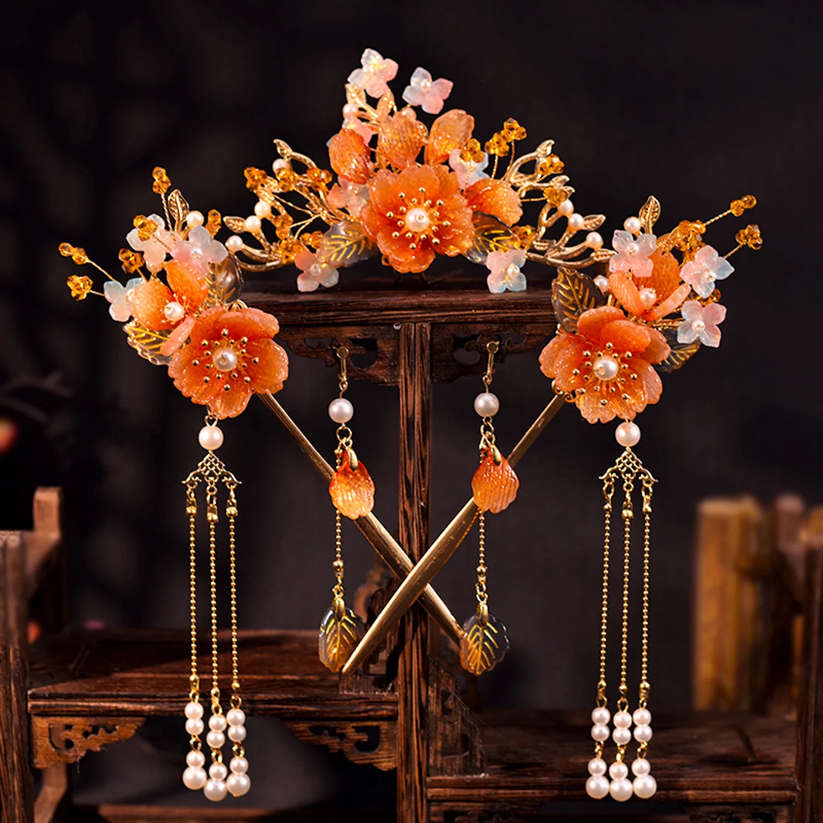 Chinese Flower Hairpin Long Tassel Step Shake Vintage Pearl Hair Clips Ancient Wedding Hair Accessories Retro Hanfu Jewelry Sets