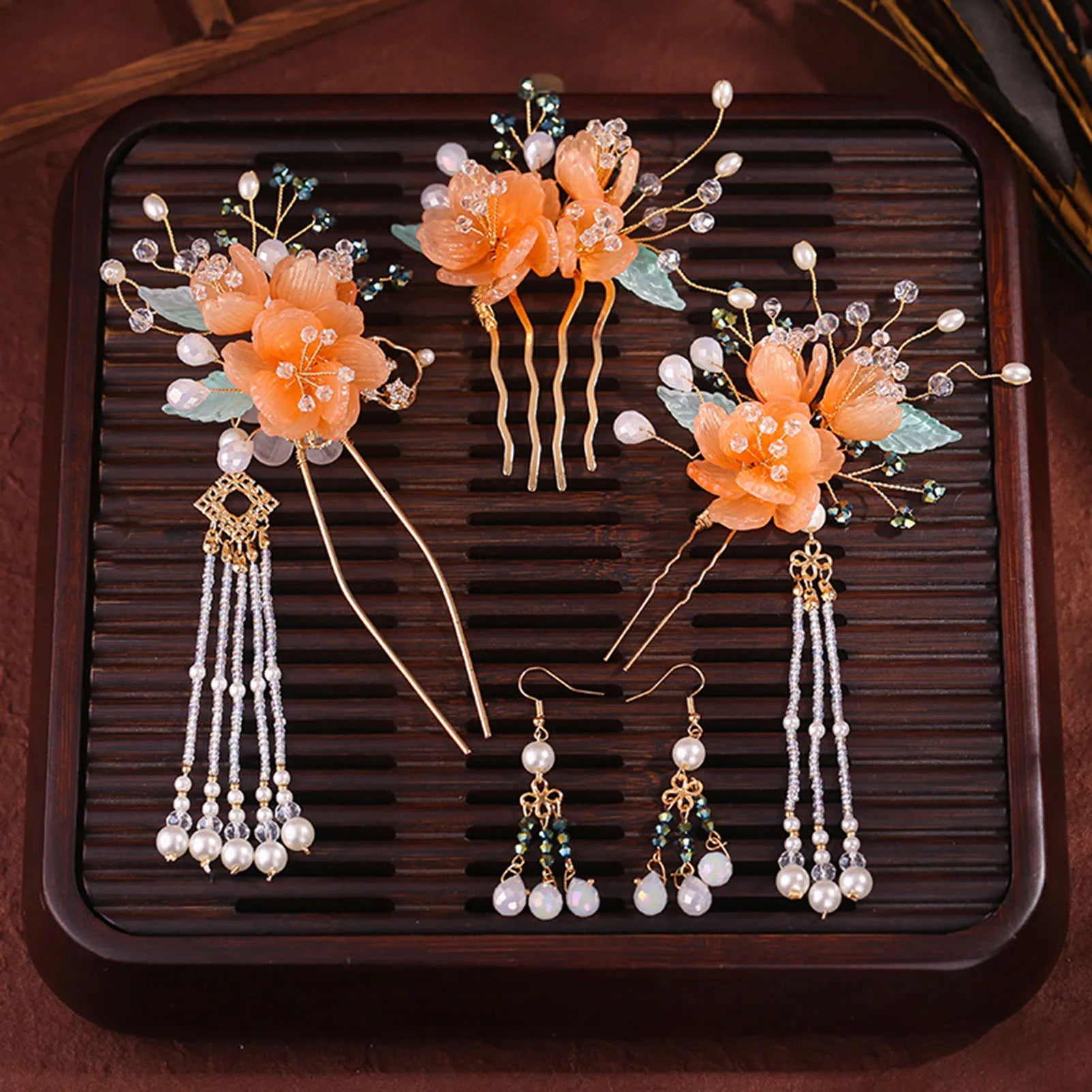 Chinese Flower Hairpin Long Tassel Step Shake Vintage Pearl Hair Clips Ancient Wedding Hair Accessories Retro Hanfu Jewelry Sets