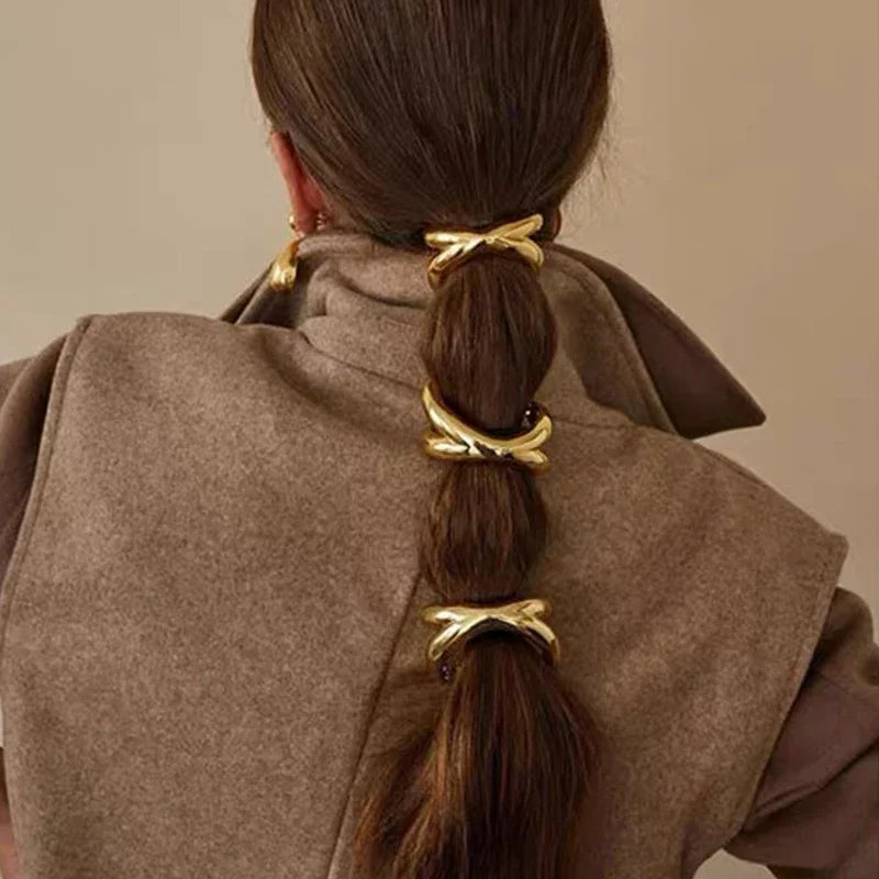 3PCS Hair Ties Irregular Geometric Charms Elastic Rubber Band Gold Silver Metal Hair Cuff Rope for Women Girls Hair Accessories