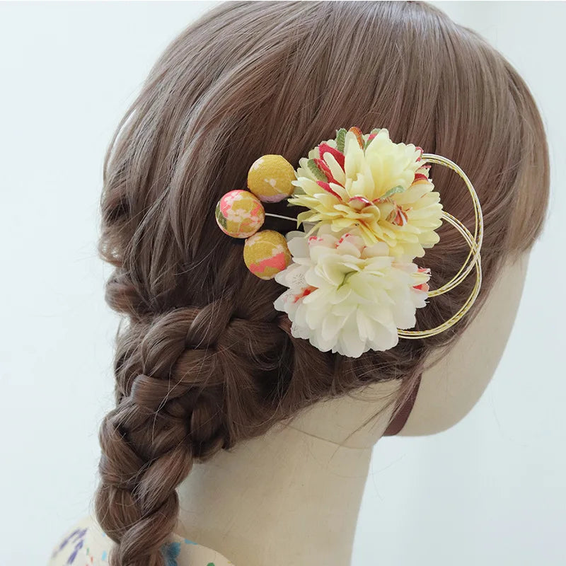Japanese Style Handmade Fabric Flower Tassel Hairpin Hanfu Hair Accessory Kimono Headdress Accessories Two-dimensional Edge Clip