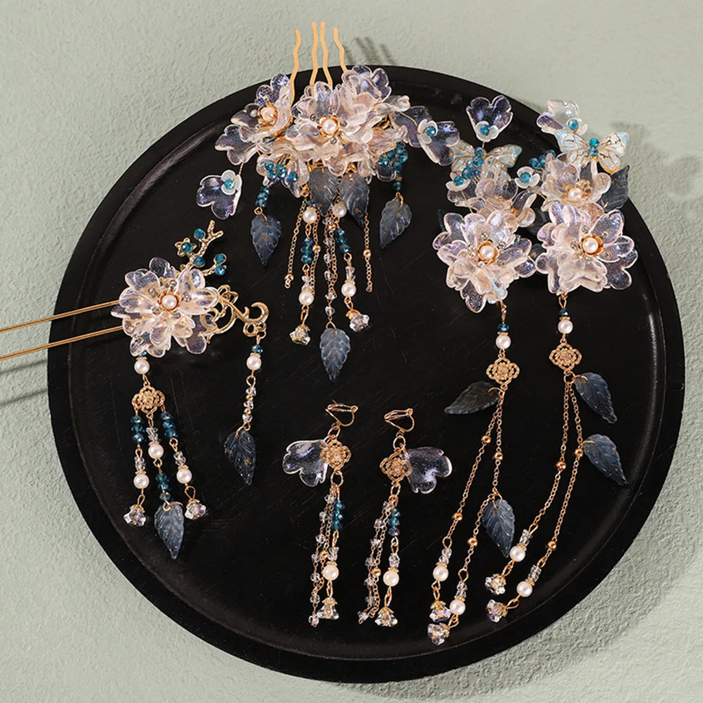 Chinese Flower Hairpin Long Tassel Step Shake Vintage Pearl Hair Clips Ancient Wedding Hair Accessories Retro Hanfu Jewelry Sets