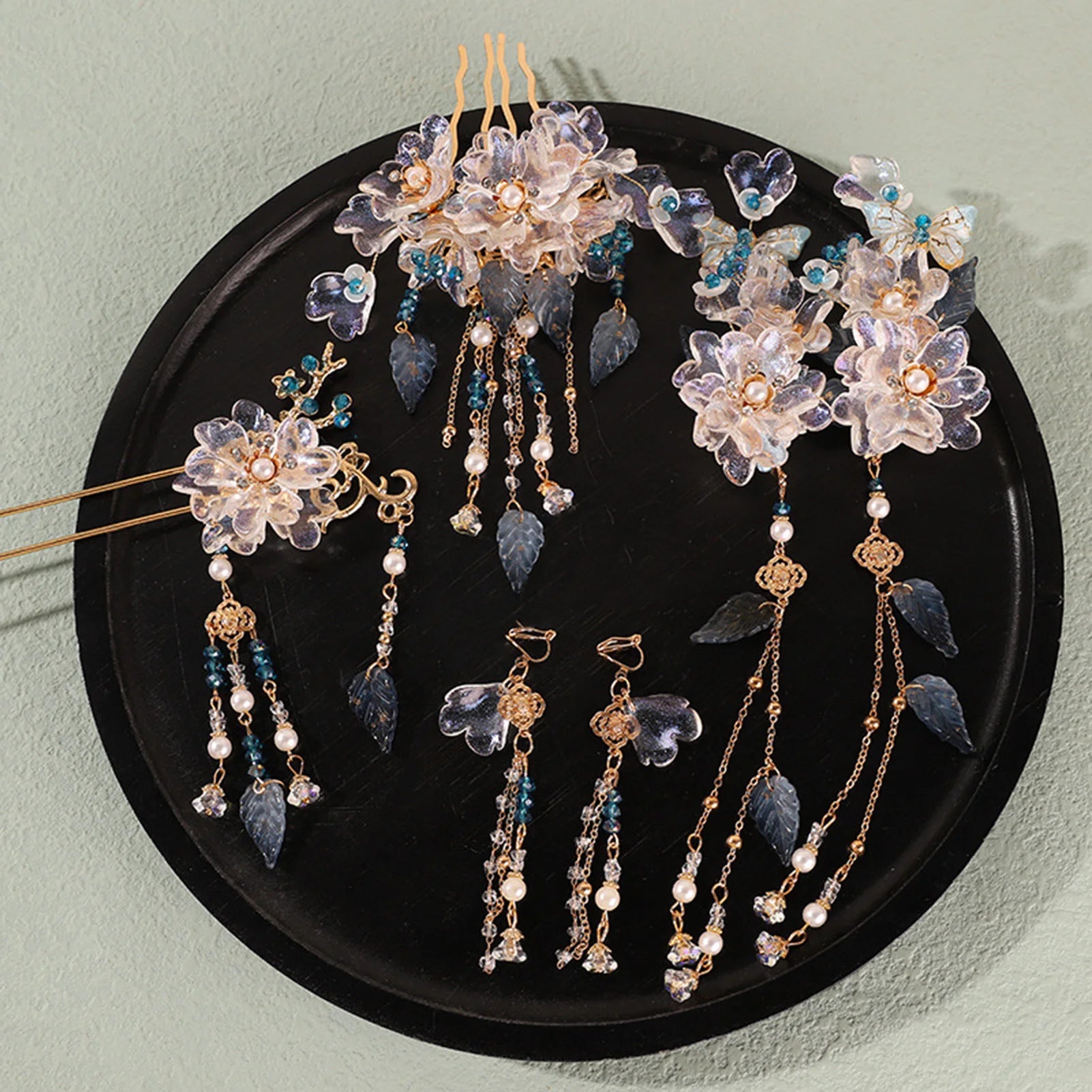 Chinese Flower Hairpin Long Tassel Step Shake Vintage Pearl Hair Clips Ancient Wedding Hair Accessories Retro Hanfu Jewelry Sets