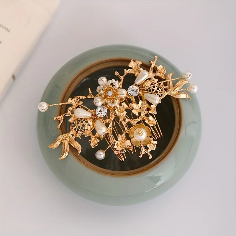 Pearl Flower Leaf Hair Clip Hairpin Headband Earring Set Party Hanfu Wedding Hair Accessories Jewelry Clip Pin Band