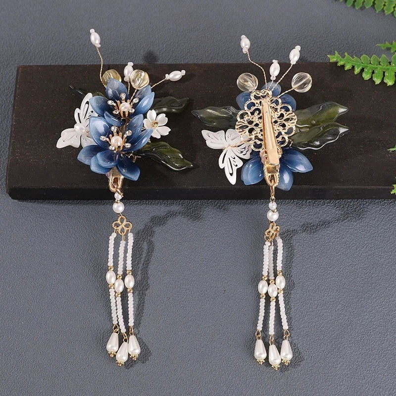 Chinese Wedding Hair Jewelry Sets Blue Flower Fringe Hairpin Clips Pearl U-shaped Step Shake Retro Han Costume Hair Accessories