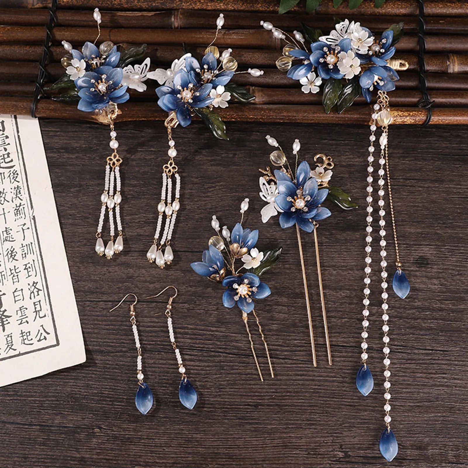 Chinese Flower Hairpin Long Tassel Step Shake Vintage Pearl Hair Clips Ancient Wedding Hair Accessories Retro Hanfu Jewelry Sets