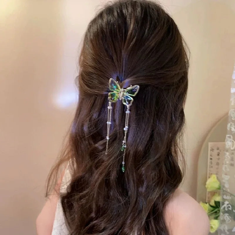 New Chinese Style Cool and Elegant Gradient, Butterfly Hair Clip New Style Pearl Tassel Light Luxury Hairpin High-end Shark Clip