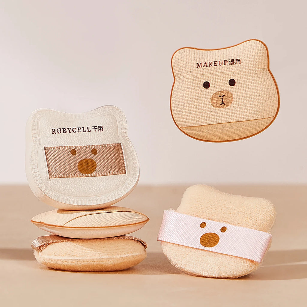 5PCS  Cute Bear Powder Puff Set Soft Flocking Wet & Dry Use Sponge Mini Fingertip Puff for Makeup Application