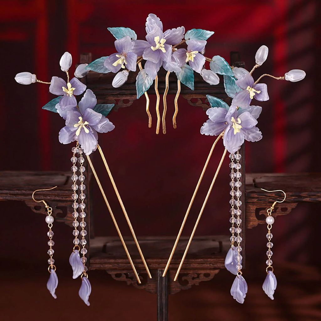 Chinese Flower Hairpin Long Tassel Step Shake Vintage Pearl Hair Clips Ancient Wedding Hair Accessories Retro Hanfu Jewelry Sets
