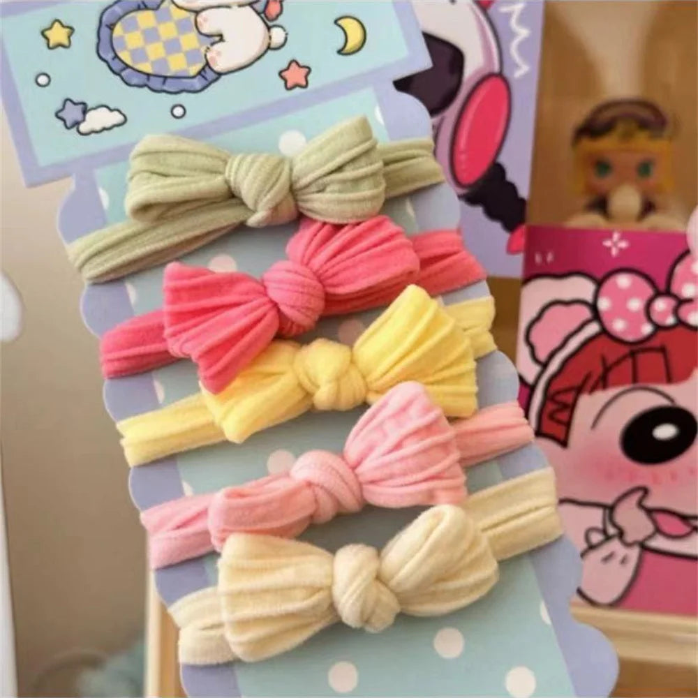 5pcs/Set Simple Bow Hair Ties Ropes Colorful Elastic Seamless Ponytail Holder Rubber Band For Toddler Girls