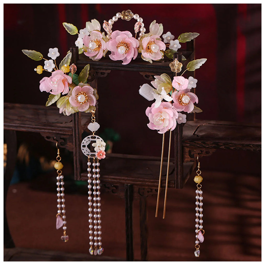 Chinese Flower Hairpin Long Tassel Step Shake Vintage Pearl Hair Clips Ancient Wedding Hair Accessories Retro Hanfu Jewelry Sets