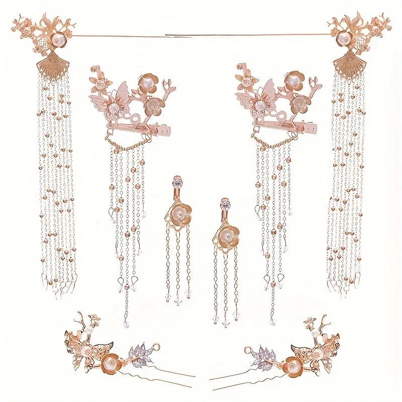 Pearl Flower Leaf Hair Clip Hairpin Headband Earring Set Party Hanfu Wedding Hair Accessories Jewelry Clip Pin Band