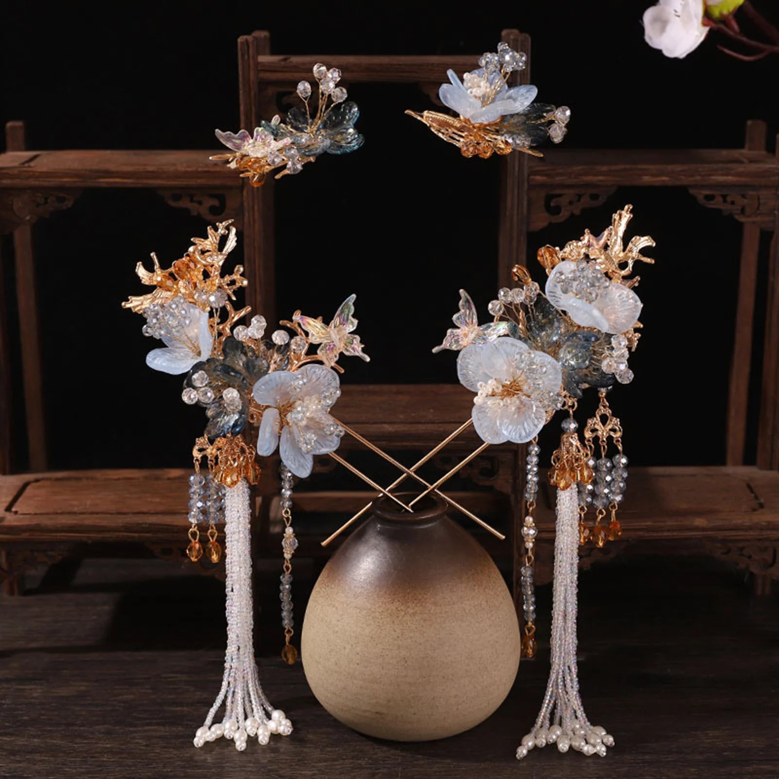 Chinese Flower Hairpin Long Tassel Step Shake Vintage Pearl Hair Clips Ancient Wedding Hair Accessories Retro Hanfu Jewelry Sets