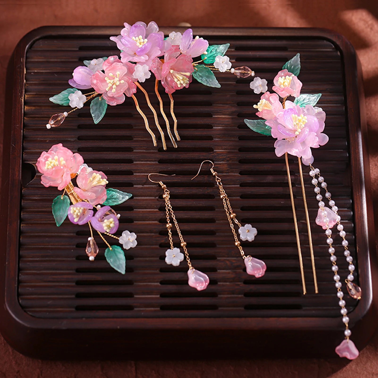 Chinese Flower Hairpin Long Tassel Step Shake Vintage Pearl Hair Clips Ancient Wedding Hair Accessories Retro Hanfu Jewelry Sets