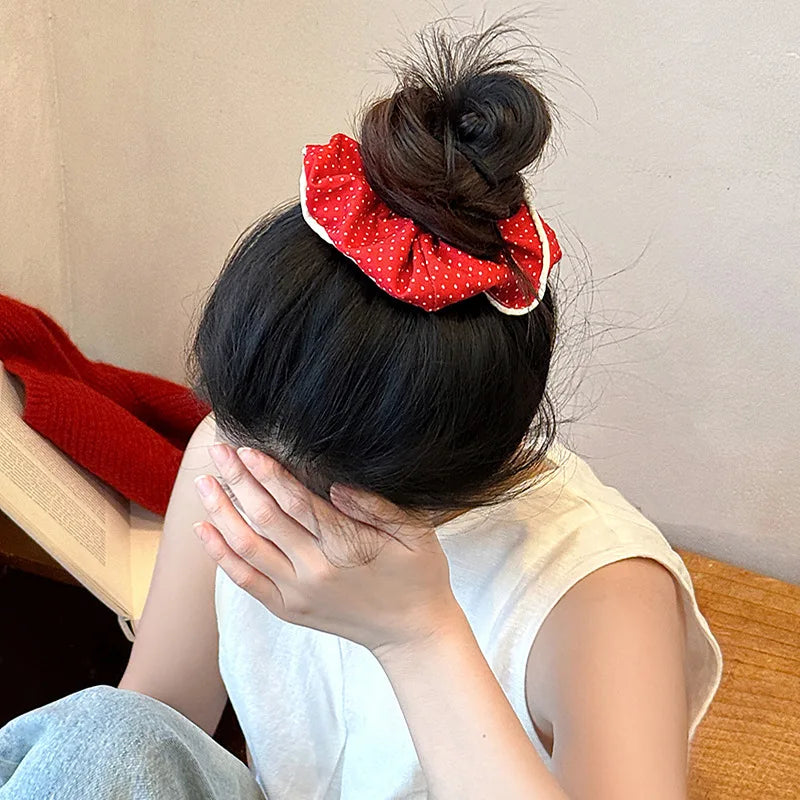 Red Festive Cute Dot Scrunchies Women Girls Elastic Hair Rubber Bands Accessories Tie Hair Ring Rope Headdress Headwear Ornament