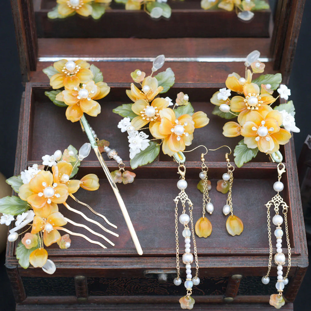 Chinese Flower Hairpin Long Tassel Step Shake Vintage Pearl Hair Clips Ancient Wedding Hair Accessories Retro Hanfu Jewelry Sets
