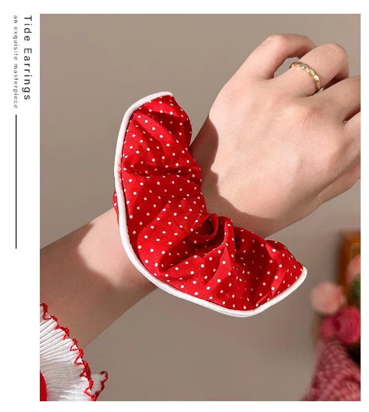 Red Festive Cute Dot Scrunchies Women Girls Elastic Hair Rubber Bands Accessories Tie Hair Ring Rope Headdress Headwear Ornament