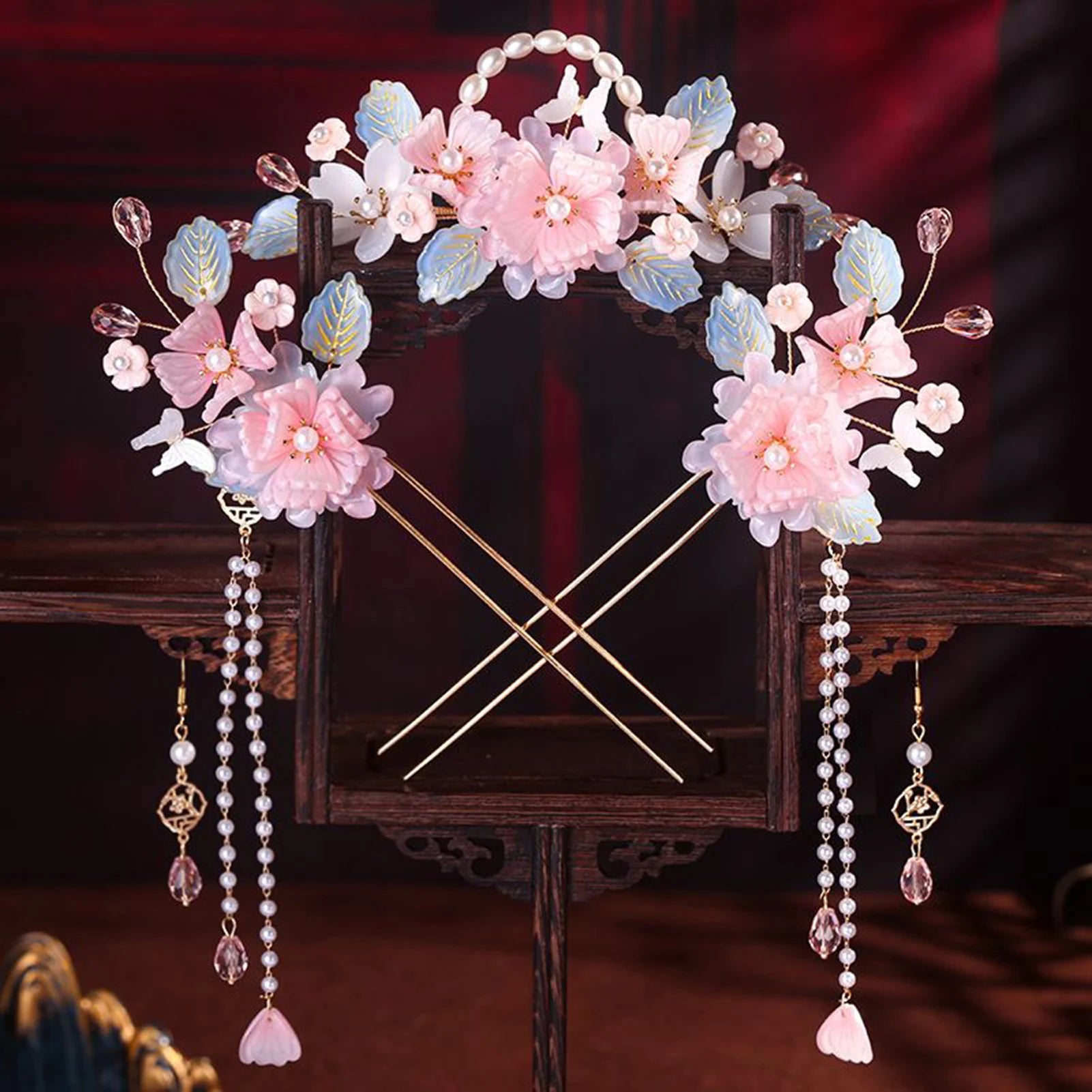 Chinese Hanfu Pink Flower Hair Crown Hairpin Earrings with Long Tassel Retro Headwear Ancient Style Hair Accessories Gifts