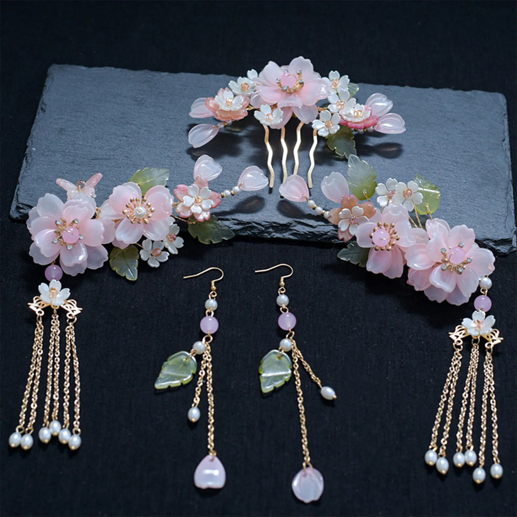 Chinese Flower Hairpin Long Tassel Step Shake Vintage Pearl Hair Clips Ancient Wedding Hair Accessories Retro Hanfu Jewelry Sets
