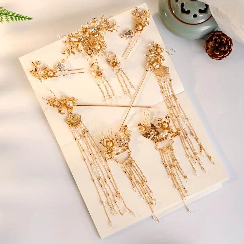 Pearl Flower Leaf Hair Clip Hairpin Headband Earring Set Party Hanfu Wedding Hair Accessories Jewelry Clip Pin Band