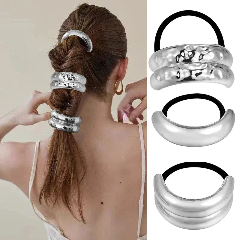 3PCS Hair Ties Irregular Geometric Charms Elastic Rubber Band Gold Silver Metal Hair Cuff Rope for Women Girls Hair Accessories