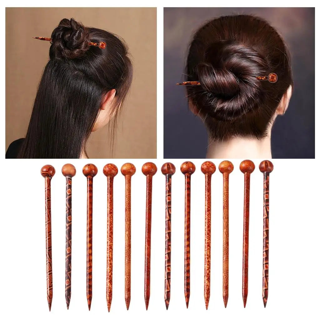 12Pieces 5.12inch Retro Hair Sticks Flowers Printed Wood Hairpin Chopsticks Wooden Hairpin Headdress DIY Accessories