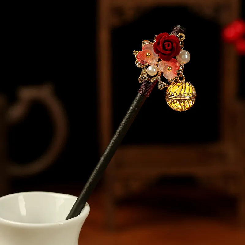 Floral Hairpin Lantern Luminous Chinese Hair Sticks For Hanfu Party Sandalwood Pearl Hair Bun Forks Vintage Hair Clasp Jewelry