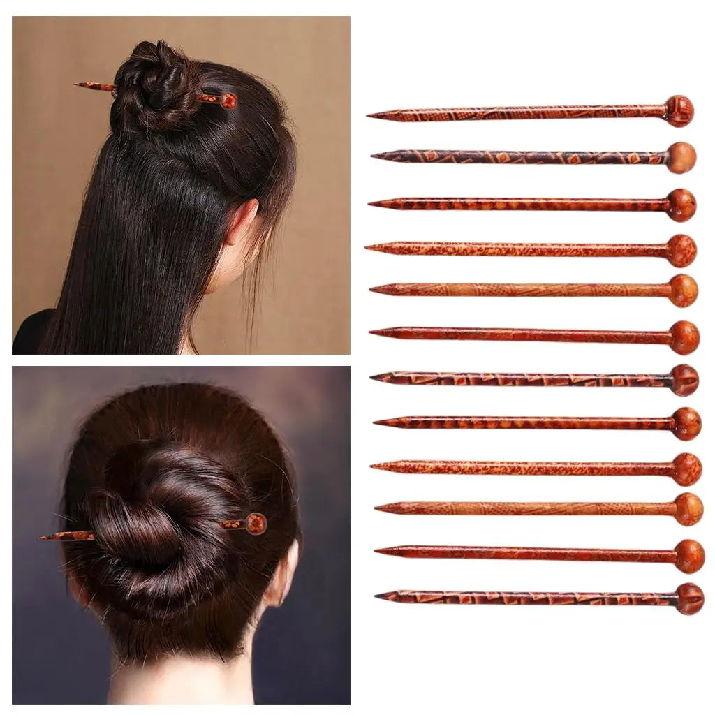 12Pieces 5.12inch Retro Hair Sticks Flowers Printed Wood Hairpin Chopsticks Wooden Hairpin Headdress DIY Accessories