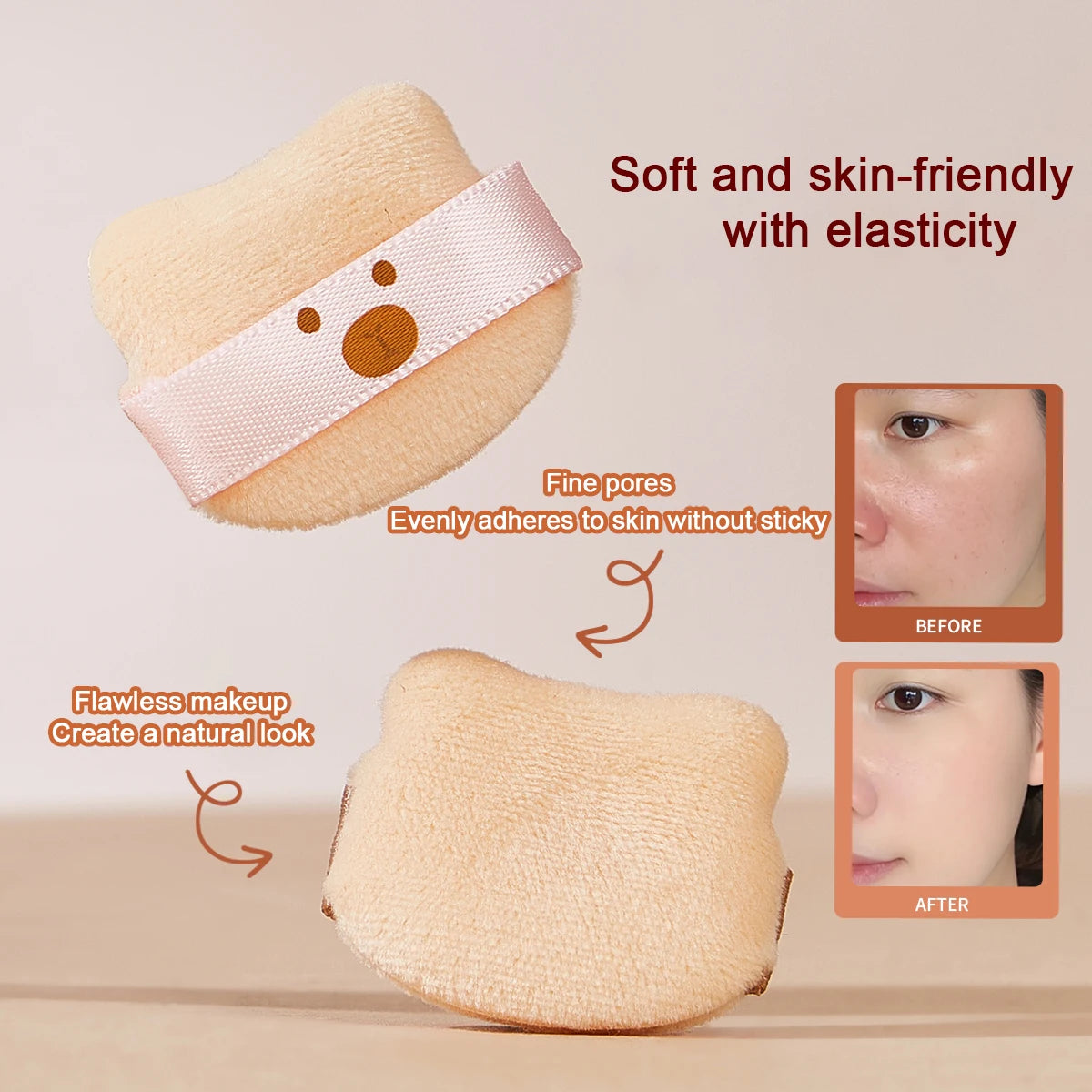 5PCS  Cute Bear Powder Puff Set Soft Flocking Wet & Dry Use Sponge Mini Fingertip Puff for Makeup Application