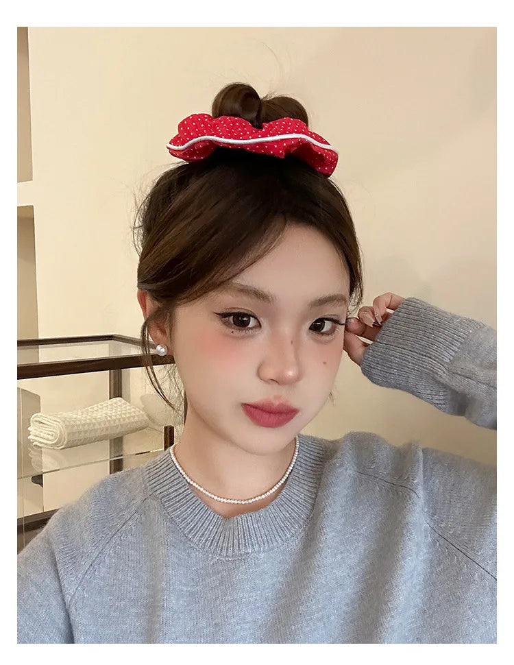 Red Festive Cute Dot Scrunchies Women Girls Elastic Hair Rubber Bands Accessories Tie Hair Ring Rope Headdress Headwear Ornament